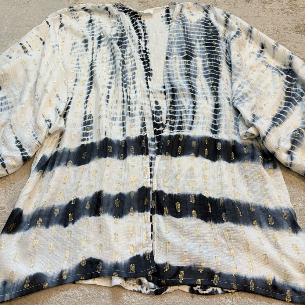 Anthropologie Vada Gold Shimmer Tie Dye Navy & White Cocoon Kimono One Size - Picture 4 of 10
